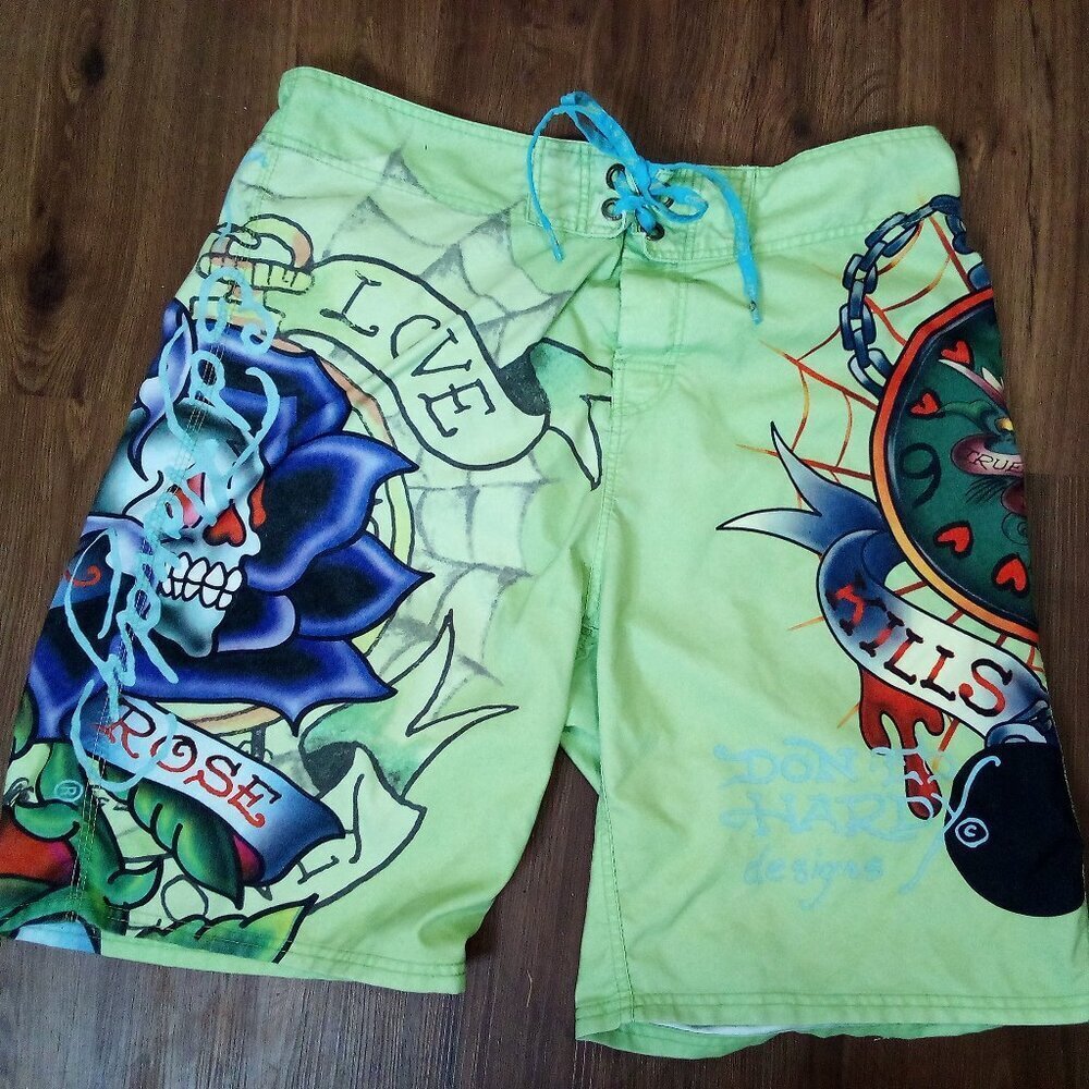 Vintage Ed Hardy Black Rose Love Kills Slowly Board Shorts